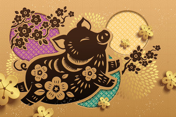 豬年吉祥剪紙風金色賀圖