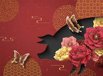 豬年牡丹花新年賀圖