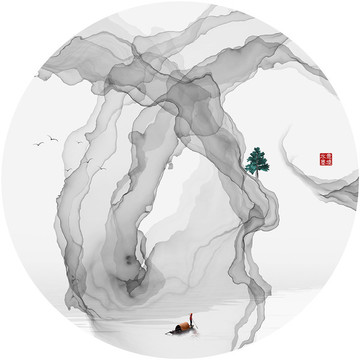 新中式水墨山水梅花背景墻壁畫(huà)
