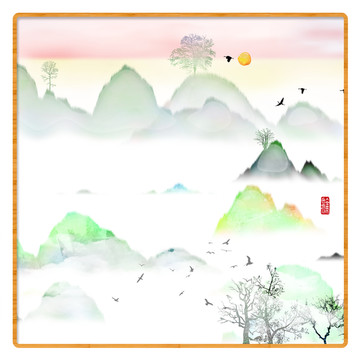 新中式抽象意境山水無(wú)框畫