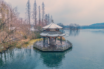 杭州西湖雪景黛色参天