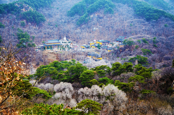 千山灵岩寺建筑群全景远景与山谷