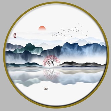 圆形山水禅意画