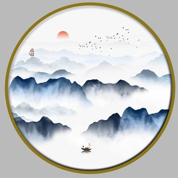 圆形意境山水禅意画