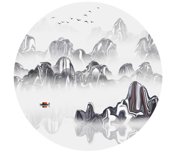 新中式水墨山水流體圓形裝飾畫