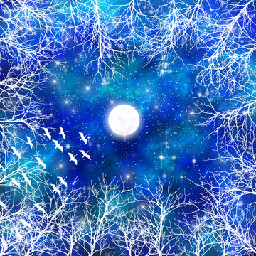 藍色高清樹影星空宇宙裝飾畫