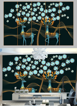 3d立體浮雕鹿電視背景墻