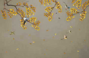大型銀杏花鳥(niǎo)背景墻壁畫(huà)
