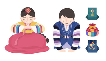 韓服拜年人物素材矢量