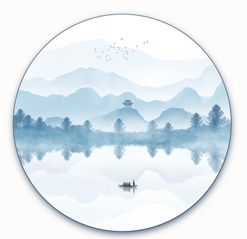 圓形藍色山水裝飾畫