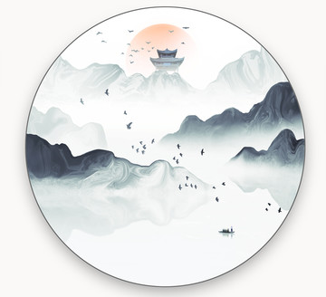 圓形裝飾畫新中式山水畫