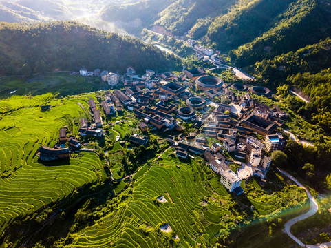 航拍中国福建初溪客家土楼群