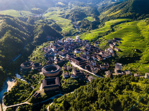 航拍中国福建初溪客家土楼群