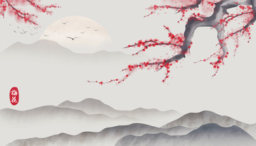 梅花山水背景墻