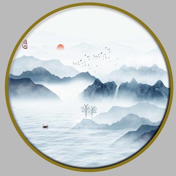 中式圆形意境山水画