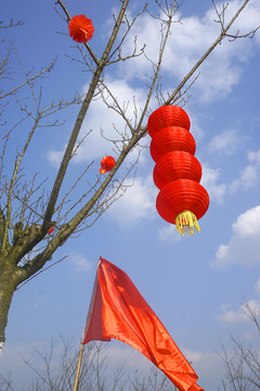 春节喜气洋洋的大红灯笼和彩旗