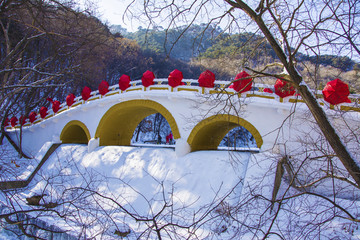 千山龙潭飞龙桥与树木山林雪景