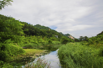 千山桃花溪谷溪流山峰与漫天白云