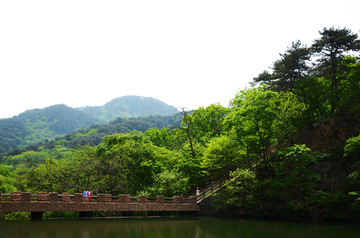 千山云潭石桥潭水与群山峰山林