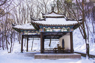 千山云潭岸上观景亭与树林雪景