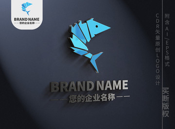 简约手绘几何线条鱼儿logo