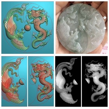 龍鳳一對(duì)佩情侶圓牌精雕圖灰度圖