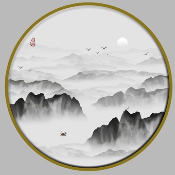 中国风圆形山水画