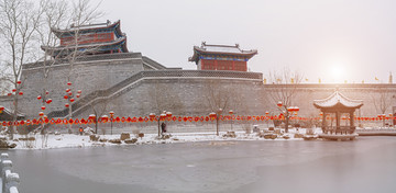 古典园林建筑雪景