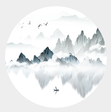 圓形山水簡約寫意裝飾畫