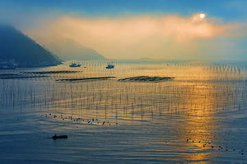 霞浦县北岐村滩涂日出