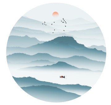 圓形山水畫水墨畫