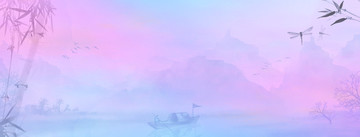 中式背景青竹山水背景粉蓝色