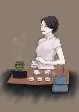 旗袍女子品茶