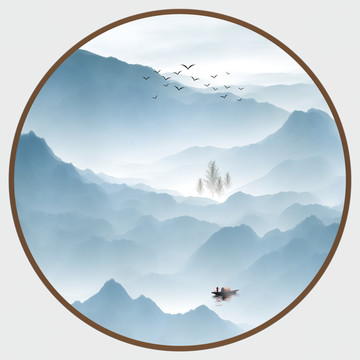 圓形水墨山水畫