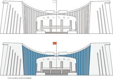 手绘中国人民银行总部矢量图线稿