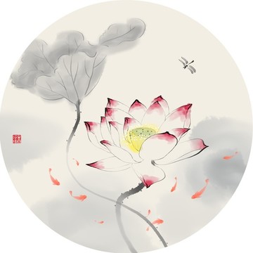 水墨荷花圆形装饰画