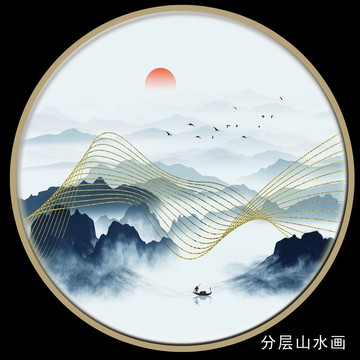 线条圆形山水画