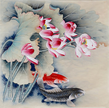 荷花金魚國畫