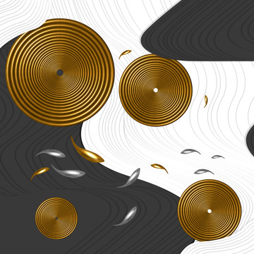 抽象水墨黃金游魚旋渦玄關(guān)裝飾畫