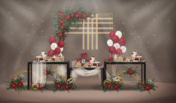 紅金色系婚禮甜品區(qū)