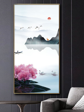 北欧玄关风景装饰画湖面山水麋鹿