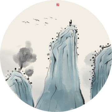 新中式水墨山水圓形裝飾畫(huà)掛畫(huà)