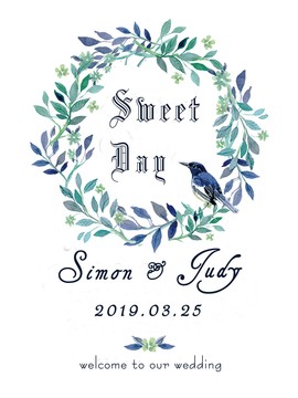 小清新田園藍(lán)綠小鳥婚禮迎賓牌