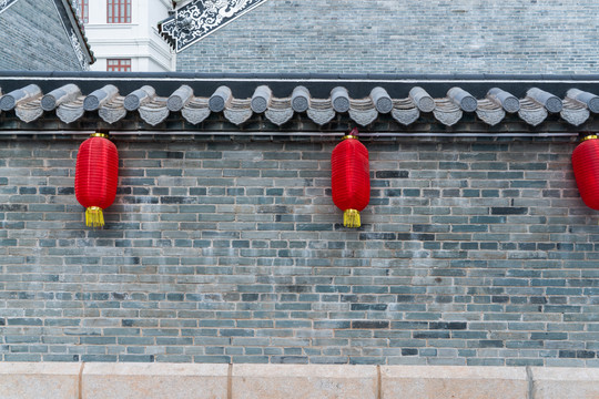 中式灯笼青砖围墙素材