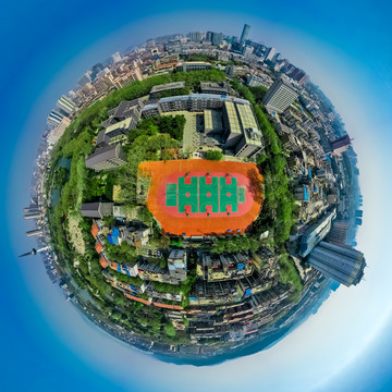 城市中心篮球场360度全景航拍