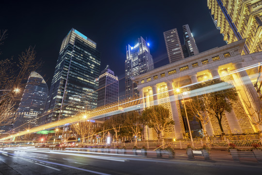 上海陆家嘴城市夜景建筑街道