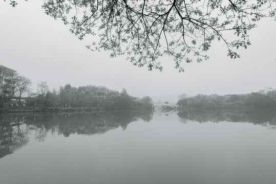 桂林春天里雾气朦胧的榕湖