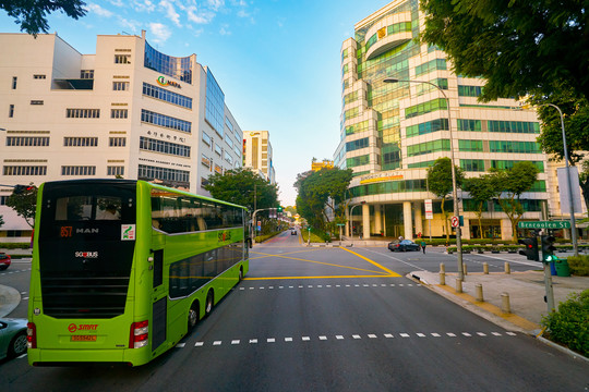 双层巴士上层往外看的城市街景