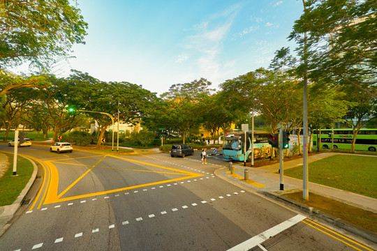 双层巴士上层往外看的城市街景