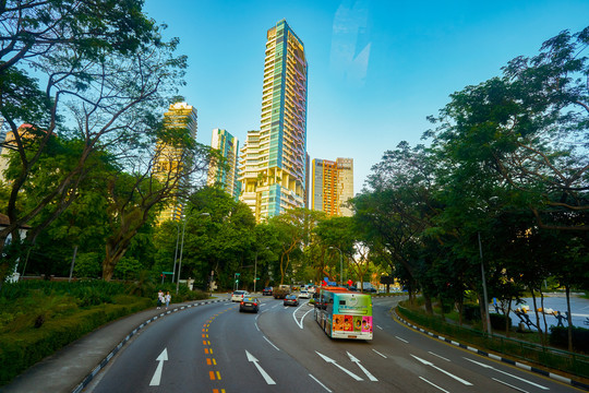 双层巴士上层往外看的城市街景